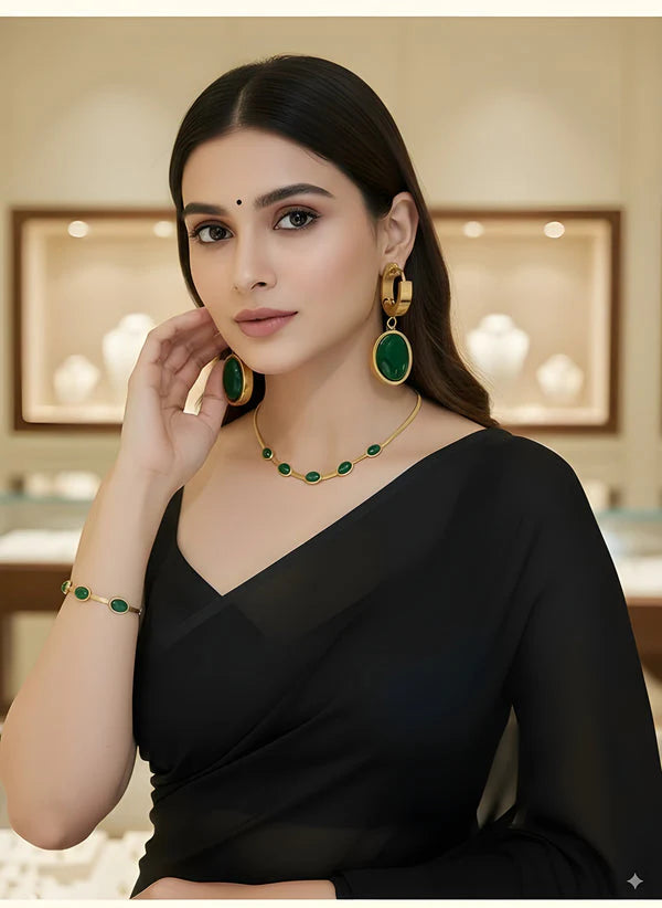 Oval Green Crystal Pendant Necklace Set With Bracelet